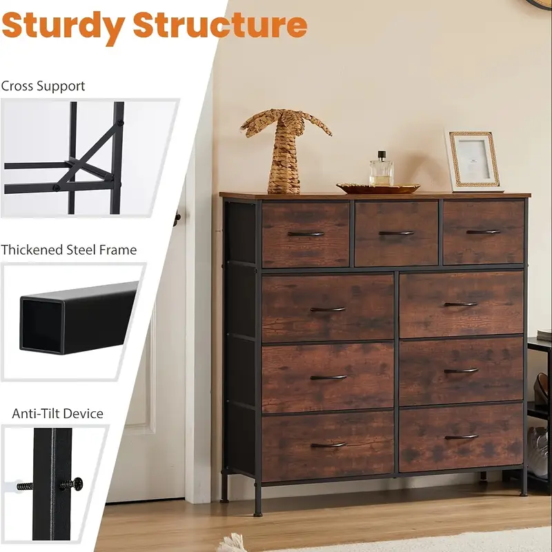 Dormitorio Cómoda, Cómoda y Cajonera Cómoda Organizador con 9 Cajones de Almacenamiento de Tela    , Cómoda de Dormitorio con   de Madera, Marco Engrosado, Para Armarios, Habitaciones, Pasillos detalles 0