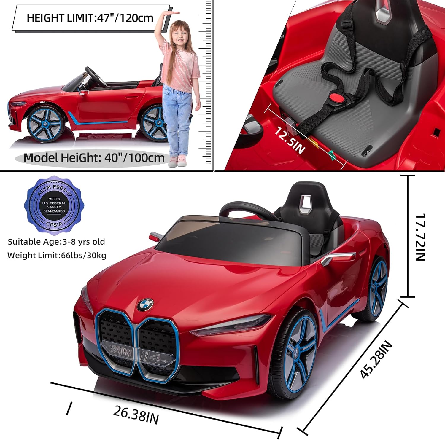 YKUNIR - BMW I4 - Coche eléctrico para niños con control remoto, batería de 12 V, vehículos para niños pequeños para conducir, 3 velocidades, Bluetooth, música, luz LED, cinturón de seguridad (rojo)