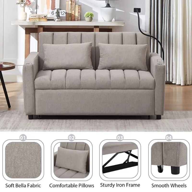 55 9 loveseat sofa bed convertible for living room side pockets cup holders 360 phone holder light grey details 4