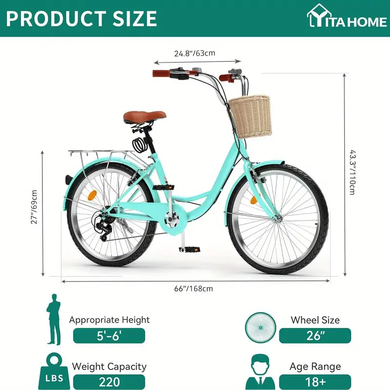 Bicicleta de paseo para mujer Balconera, bicicleta de cercanías de 24 y 26 pulgadas para adultos, bicicleta para mujer de 1 y 7 velocidades con cesta, asiento ajustable, varios colores detalles 5