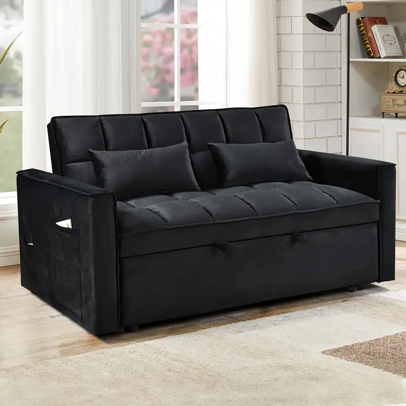diván cama de terciopelo 3-en-1 con respaldo ajustable, bolsillos y cojines - sofá cama moderno para salón o dormitorio, salón contemporáneo|peluza elegante|apoyabrazos acolchados, sofá cama futón detalles 1
