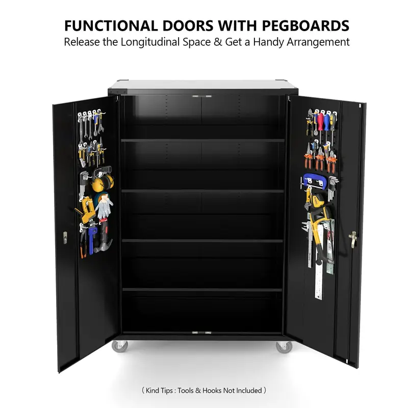 wide storage cabinet metal storage cabinet with pegboards wheels locking doors and adjustable shelves gray 43w x 20d x 72h details 3