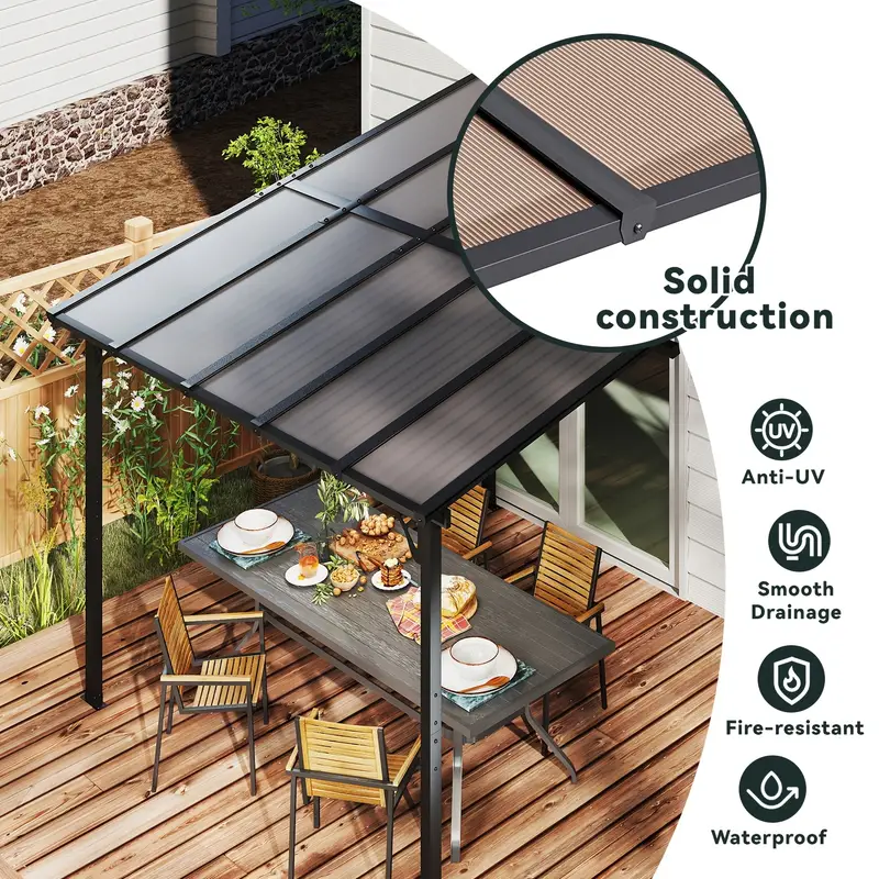 10 x 10 wall mounted gazebo outdoor pergola with sloped roof heavy duty patio awning for porch deck and backyard details 1