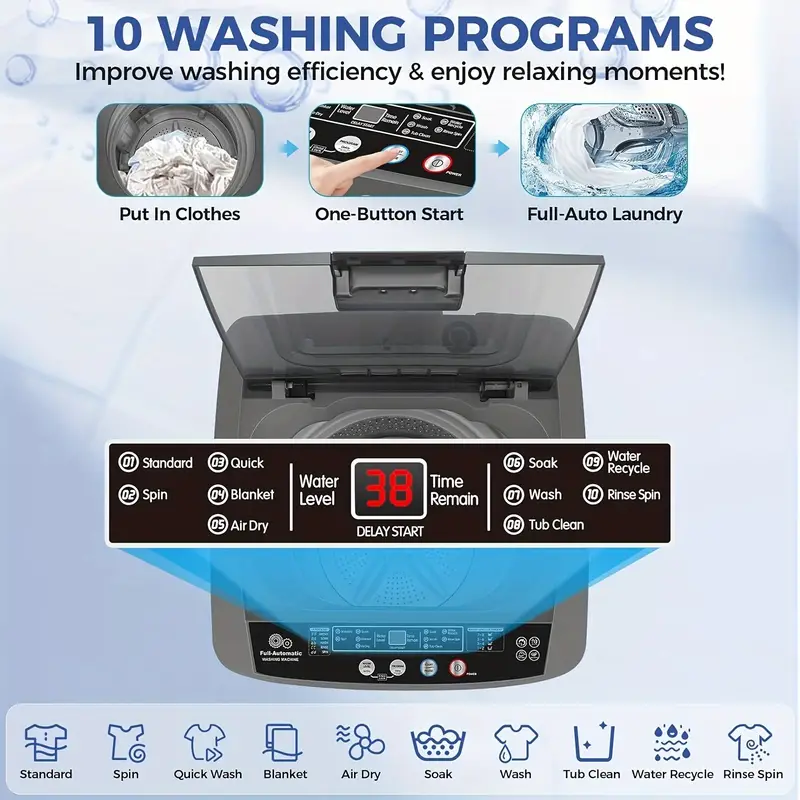 full automatic washing machine portable compact washer with led display 10 programs and 8 water levels 13 6lbs 17 9lbs capacity space saving full automatic washer grey details 1