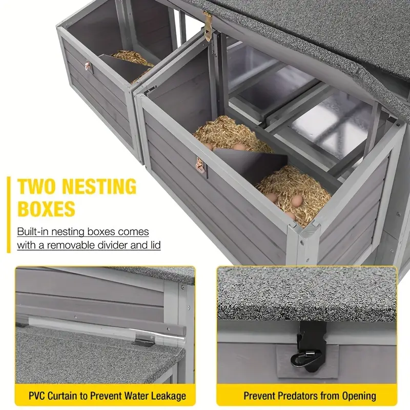 Gallinero móvil de madera con caja nido, jaula para aves de corral mejorada con marco de hierro resistente, duradero e impermeable. detalles 4