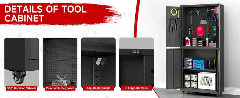 wheeled metal storage cabinet steel garage storage cabinet with lock and adjustable dividers   used as a high tool cabinet for home office garage pantry details 1