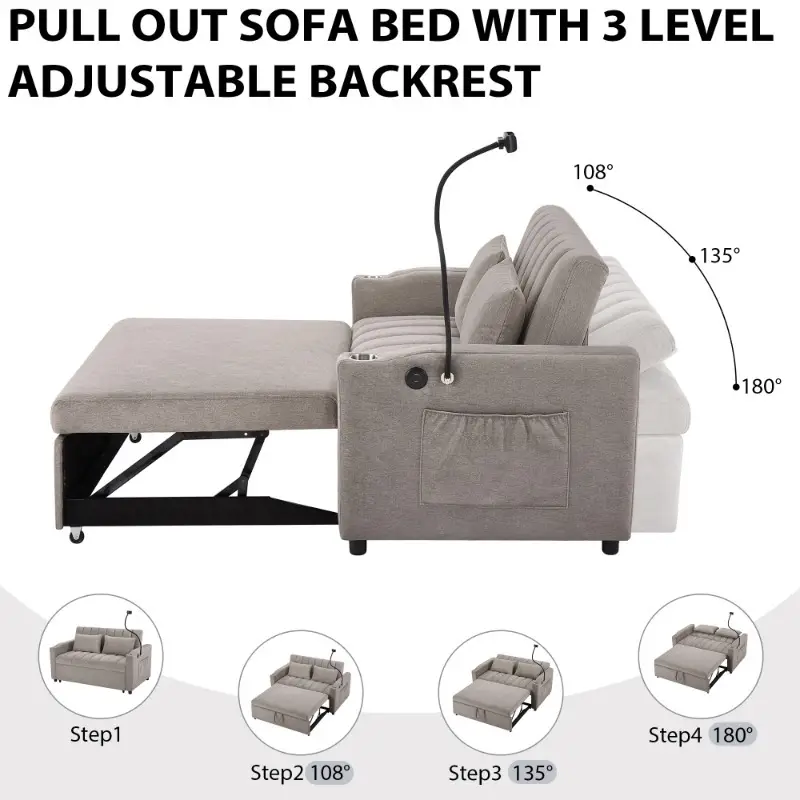 55 9 loveseat sofa bed convertible for living room side pockets cup holders 360 phone holder light grey details 2
