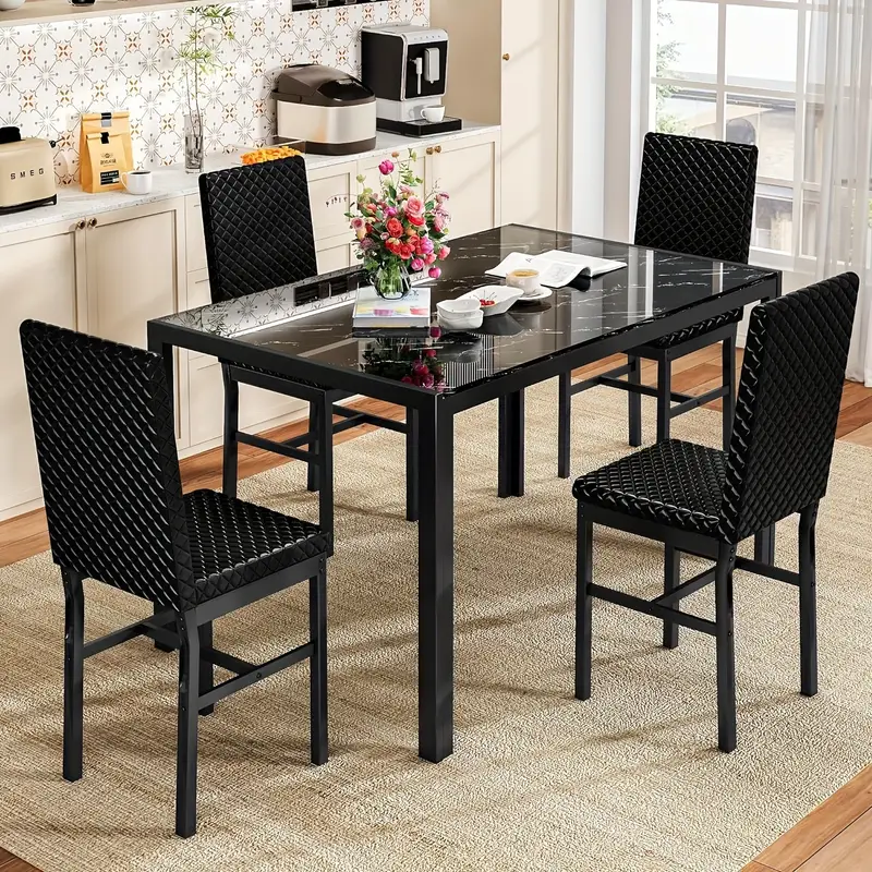 Conjunto de mesa de comedor de 5 piezas de estilo moderno y  , conjunto de   de 5 piezas con tapa de vidrio templado, marco de metal y sillas de comedor tapizadas en cuero sintético, conjunto de mesa de comedor para desayunar   de mostrador para 4 personas en espacios pequeños detalles 2