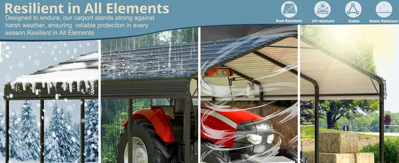 Carport de metal de 12x20 FT con base mejorada, garaje al aire libre resistente para camiones, barcos, autos y tractores, con estante galvanizado para protección de vehículos detalles 1
