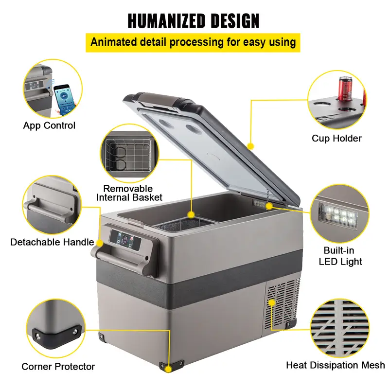 48 quart 45 cooling portable freezer with app control 12 volt car fridge 110 240v ac semiconductor operation square shape independent mounting no battery required for camping and home use black details 4