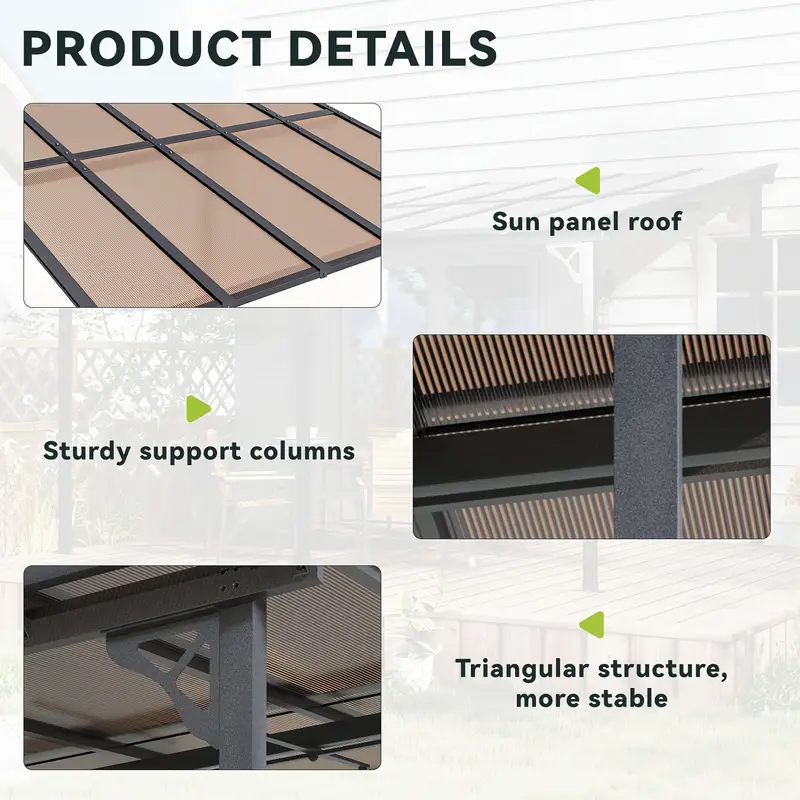 10 x 10 wall mounted gazebo outdoor pergola with sloped roof heavy duty patio awning for porch deck and backyard details 2