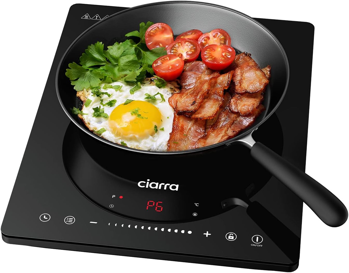 CIARRA CBTIH1 Placa de Inducción Portátil 1 Fuego 2000W de Potencia en 8 Niveles Diseño en Panel Vitrocerámica de Alta Resistencia, Control Táctil, Temporizador, Fácil Limpieza