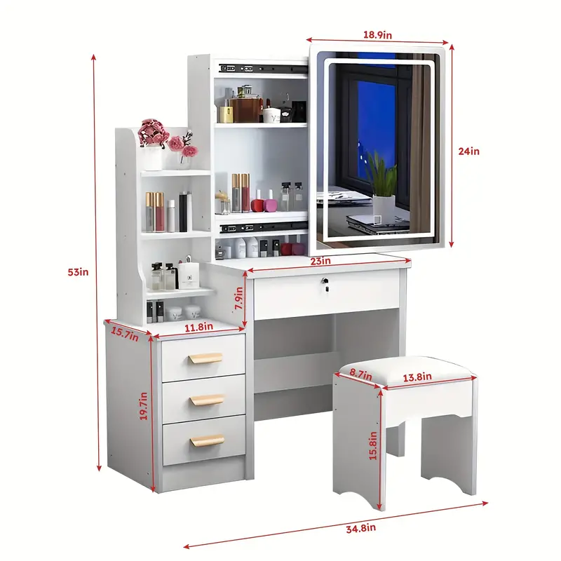 Tocador con espejo deslizante y taburete 4 cajones hogar tocador de dormitorio gabinete pequeño detalles 2
