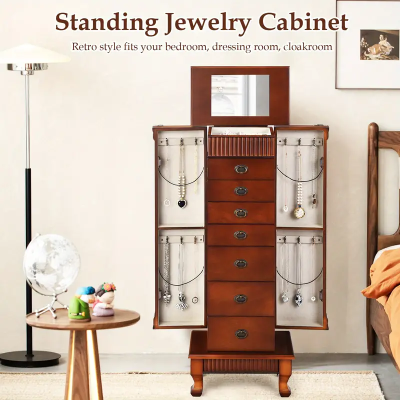 Mueble joyero  , organizador de almacenamiento de joyas de pie con espejo de maquillaje abatible y 7 cajones, gran arcón de almacenamiento de joyas con 2 puertas laterales, 12 ganchos para collares y 4 estantes, nogal detalles 0