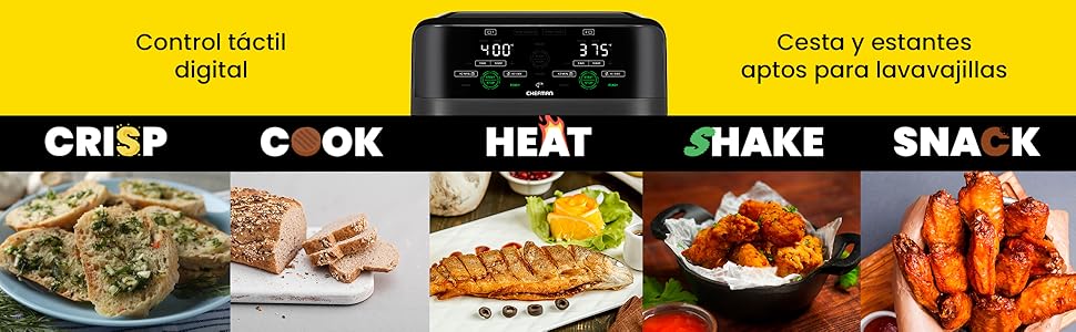 Chefman, freidora doble para comida saludable, crujiente, pollo, carne, pescado, doble cesta,
