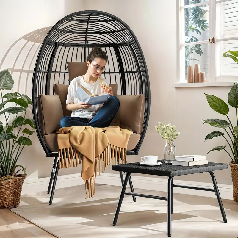 Silla Huevo para Exteriores Phabules con  , Silla de Canasta de Mimbre para Patio con Soporte y Cojín Marrón Silla   detalles 3