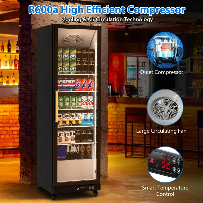 Refrigerador comercial   con puerta de vidrio, refrigerador de exhibici&oacute;n de bebidas de 12.4 pies c&uacute;bicos, puerta &uacute;nica, enfriador de bebidas, doble acristalamiento con luces LED, estantes de almacenamiento, refrigerador vertical detalles 1