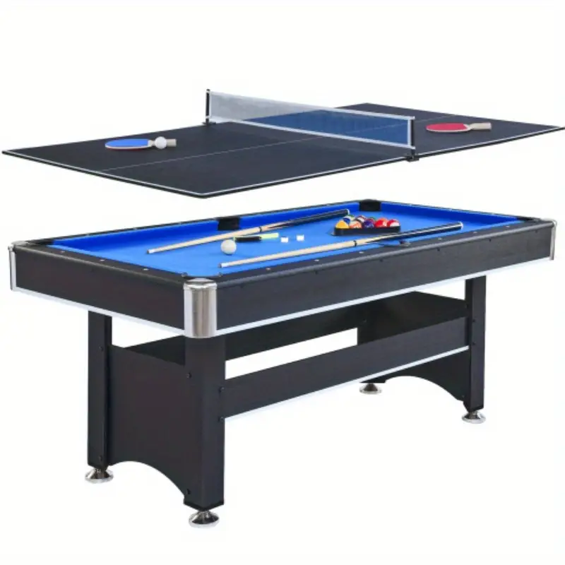Mesa de billar de 6 pies con mesa de tenis de mesa - Negra con tela roja detalles 1