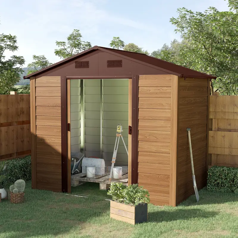   8 x 6 outdoor storage shed garden   with foundation kit 4 vents and   sliding doors for backyard patio garage lawn brown details 0