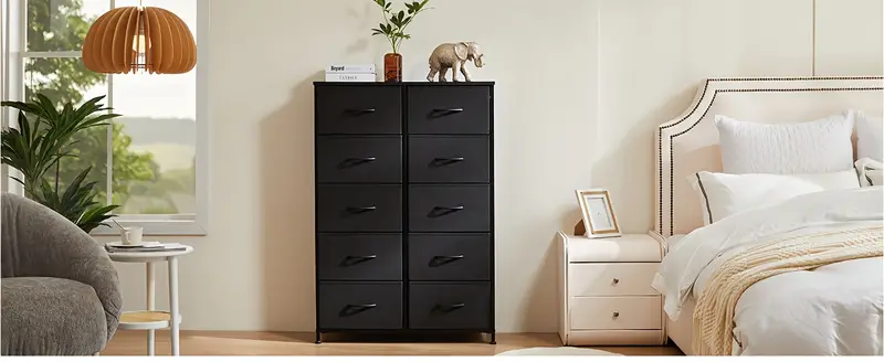 C&oacute;moda alta de 10 cajones para dormitorio, C&oacute;moda de cajones de tela, Unidades organizadoras de almacenamiento altas, C&oacute;moda y cajonera, Torre de almacenamiento con contenedores de tela, Gabinete de cajones, Estructura met&aacute;lica, Muebles ligeros para sala de estar, dormitorio detalles 1