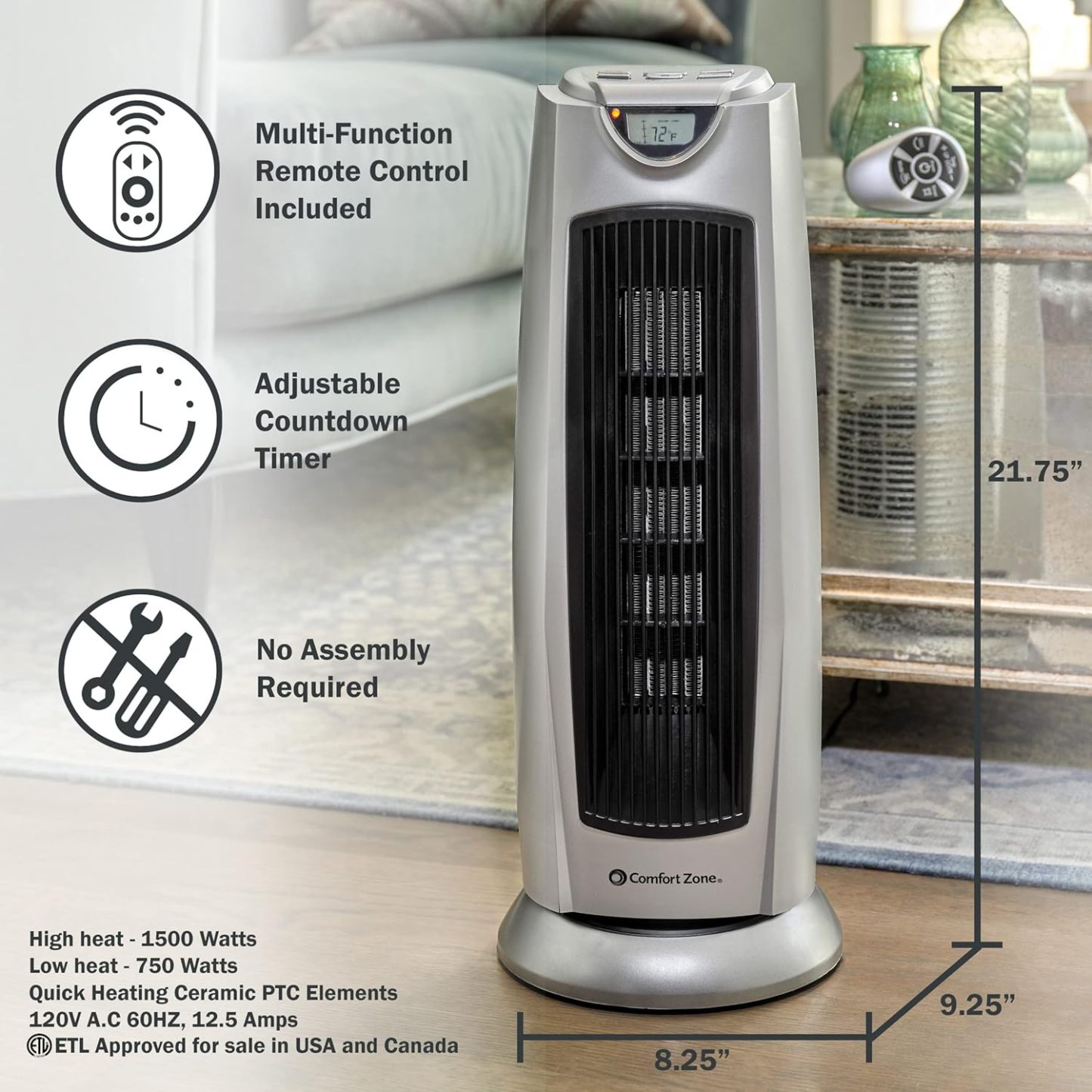 Comfort Zone CZ499R Calentador de torre de cerámica oscilante de 1500 W con control remoto, oscilación de 90 grados, termostato digital retroiluminado con visualización de temperatura, temporizador y sensor de sobrecalentamiento integrado