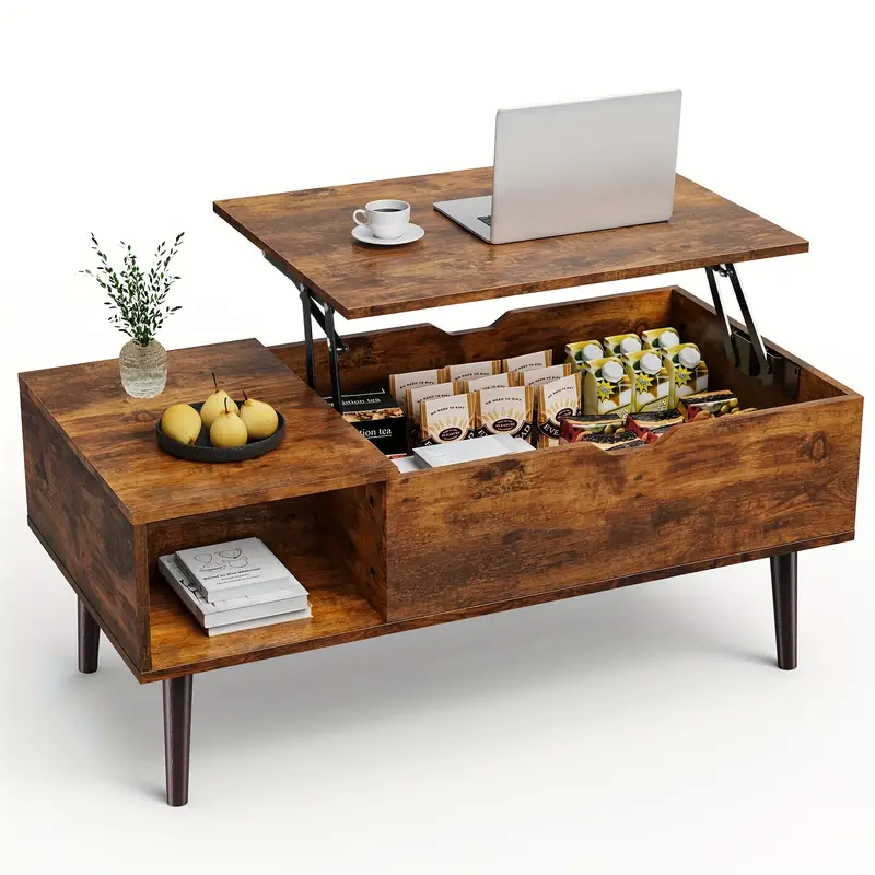 Mesa de centro elevable para sala de estar con compartimento de almacenamiento oculto, con estante de almacenamiento ajustable para sala de estar, estilo vintage, construcción de madera duradera, mesa de centro moderna con cajón elevable, mesa de centro de madera detalles 7