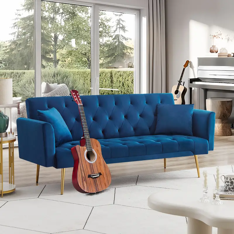 1 件 70.07 英寸宽天鹅绒和式沙发床,带金属脚和 2 个枕头,简单舒适,可转换两人沙发床,适合客厅、卧室 详情 2