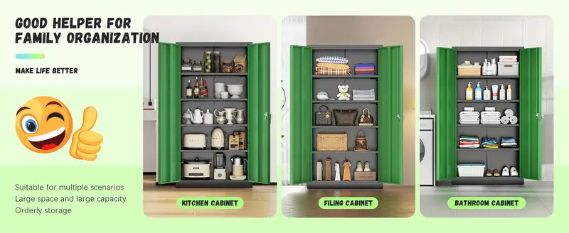 Gabinete de almacenamiento de metal, gabinete de almacenamiento con cerradura de 72 con y 4 estantes ajustables, gabinete de herramientas de acero con cerradura para el hogar, , el almacén, (negro verde) detalles 3
