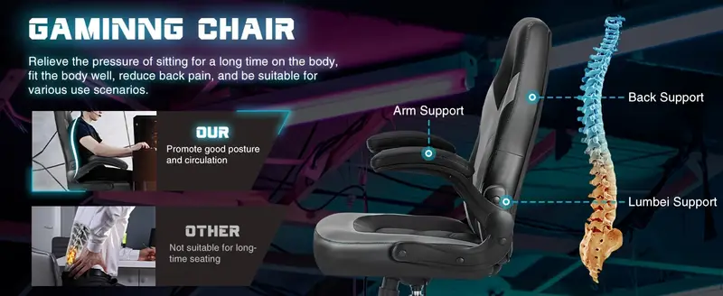 Silla ergonómica para juegos de computadora, silla de escritorio para oficina en casa con soporte lumbar de cuero PU, silla de juegos ajustable , videojuego y alto con reposabrazos abatible, ruedas giratorias para adultos y adolescentes detalles 2