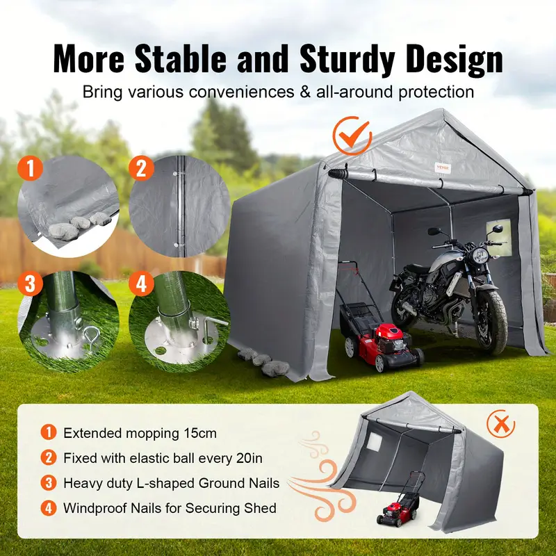 8x14ft outdoor storage tent   instant setup canopy with roll up door breathable windows for bikes motorcycles     details 2
