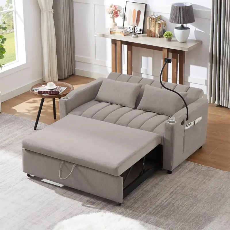 55 9 loveseat sofa bed convertible for living room side pockets cup holders 360 phone holder light grey details 8