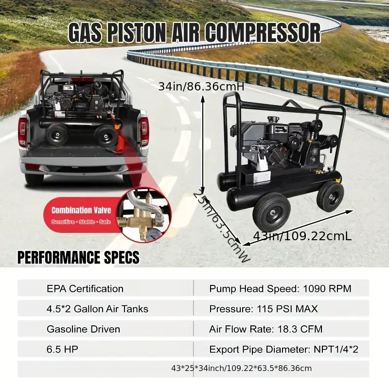 Compresor de   de pistón   de 6.5   - Una   -         RH65 -   de 9 galones - 18 cfm máx. 115 psi -   comprimido portátil     W-0.5/8P RH65 detalles 3