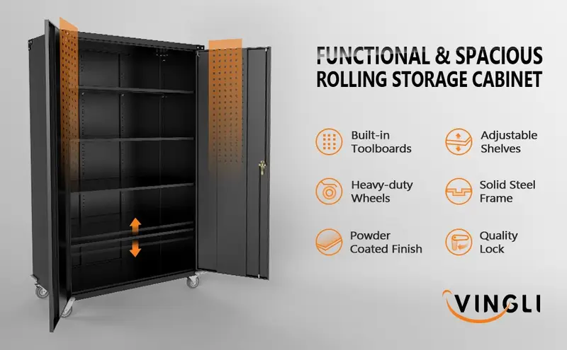wide storage cabinet metal storage cabinet with pegboards wheels locking doors and adjustable shelves gray 43w x 20d x 72h details 0