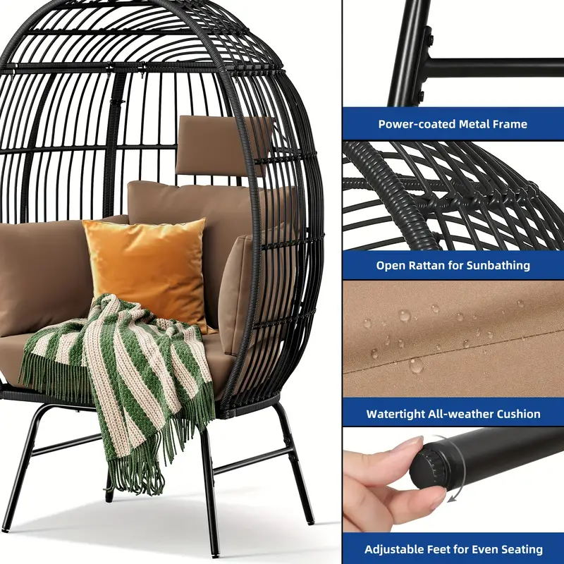 Silla Huevo para Exteriores Phabules con  , Silla de Canasta de Mimbre para Patio con Soporte y Cojín Marrón Silla   detalles 2