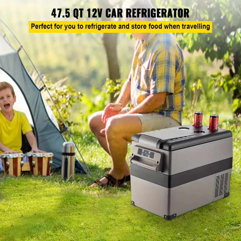48 quart 45 cooling portable freezer with app control 12 volt car fridge 110 240v ac semiconductor operation square shape independent mounting no battery required for camping and home use black details 0
