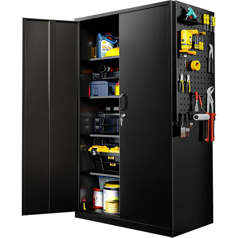 Armario de Almacenamiento de Acero   Resistencia para Garaje con Puertas con Cerradura y Portaherramientas Lateral - 71H x 31.5W x 11.8D, Estilo  , Organizador de Pie para Herramientas y Equipo, Ideal para   en Casa, Almacén, Sótano detalles 0