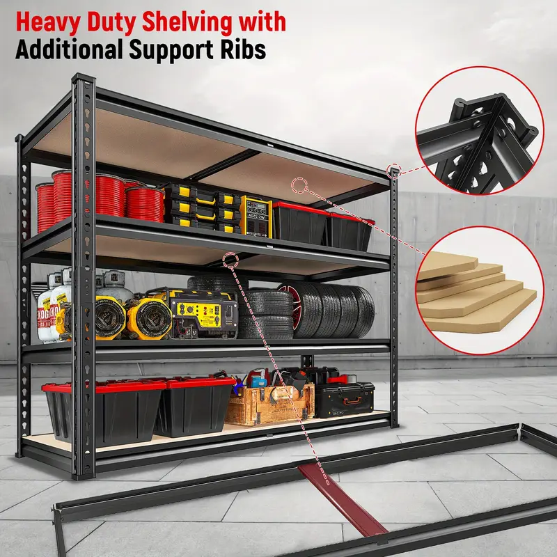   Estantes de Almacenamiento de Garaje de 4 Niveles   Resistencia - Ajustables,   Montaje, Capacidad de 2000lbs, Metal Resistente a Arañazos con Tableros de MDF para Despensa, Armario y Más, Ganchos de Utilidad detalles 2