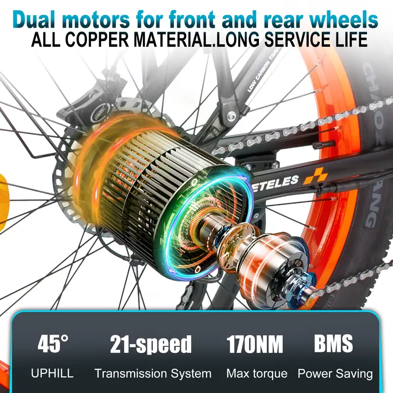 Bicicleta eléctrica   de 20   con neumáticos gruesos - Motor dual sin escobillas de 170NM, batería removible de 48V 23Ah 1104WH, velocidad   de  /h, ideal para entusiastas  , camping y cruceros en   detalles 14
