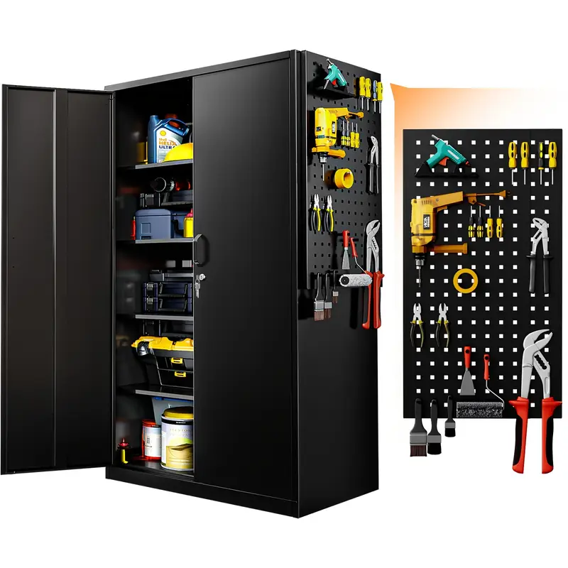 Armario de Almacenamiento de Acero   Resistencia para Garaje con Puertas con Cerradura y Portaherramientas Lateral - 71H x 31.5W x 11.8D, Estilo  , Organizador de Pie para Herramientas y Equipo, Ideal para   en Casa, Almacén, Sótano detalles 1