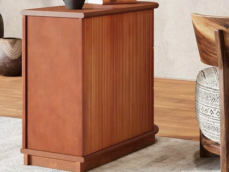 Mesa auxiliar de sofá   de 3 cajones, mesa auxiliar de    , mesa auxiliar estrecha    ,   de        , dormitorio,   acabado, no requiere  , nogal detalles 8