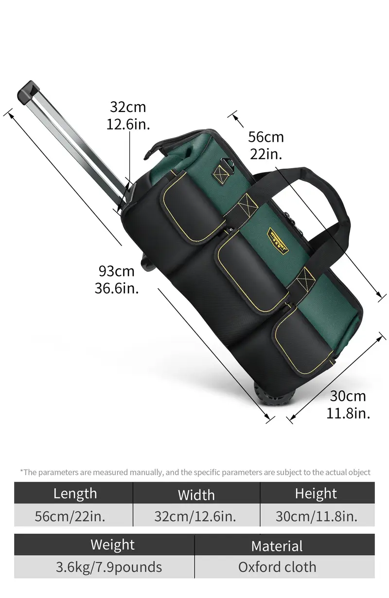 1pc   rolling tool bag with telescoping handle and shoulder strap 22 inch polyester utility organizer no   uncharged without battery green details 5