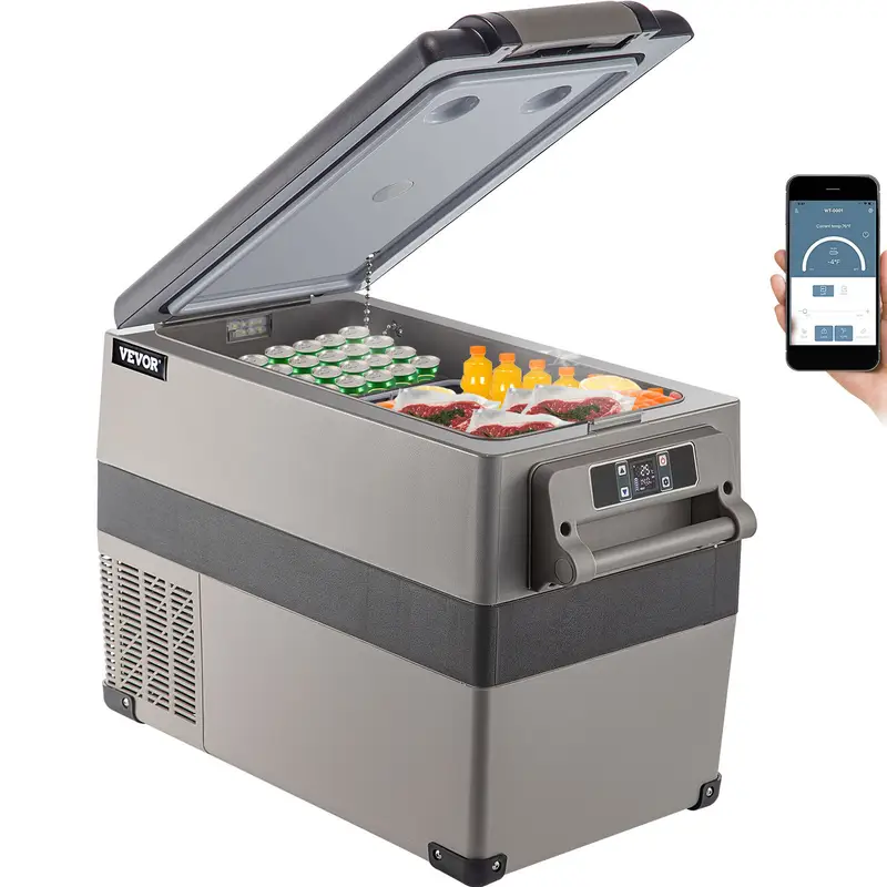 48 quart 45 cooling portable freezer with app control 12 volt car fridge 110 240v ac semiconductor operation square shape independent mounting no battery required for camping and home use black details 1
