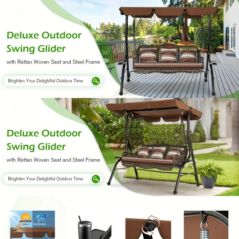 3 seat proch swing chair patio swing with canopy 2 side trays 3 pillows removable cushion patio wicker swing with stand outdoor swings for adults balcony garden deck details 0