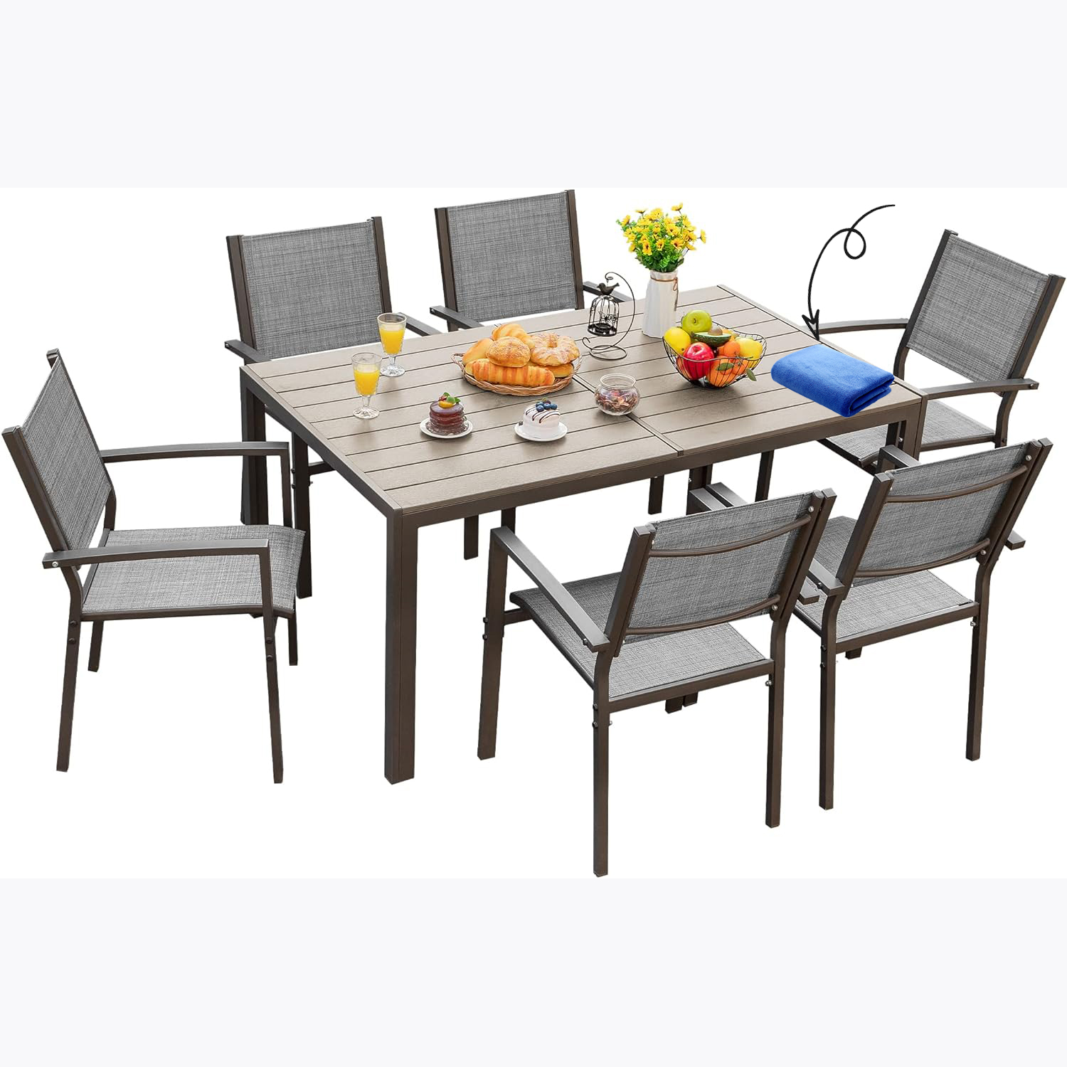 Juego de comedor para patio, 7 piezas, marco de metal, muebles de exterior con 6 sillas de textileno y mesa rectangular, juego de conversación de cocina familiar para patio trasero, césped, terraza (café)