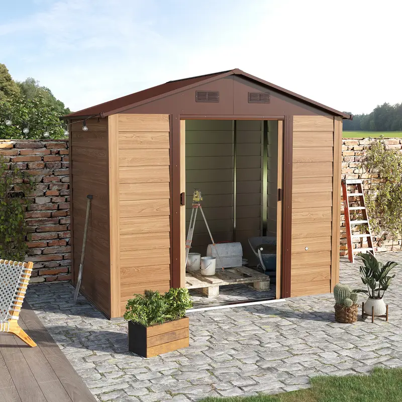   8 x 6 outdoor storage shed garden   with foundation kit 4 vents and   sliding doors for backyard patio garage lawn brown details 1