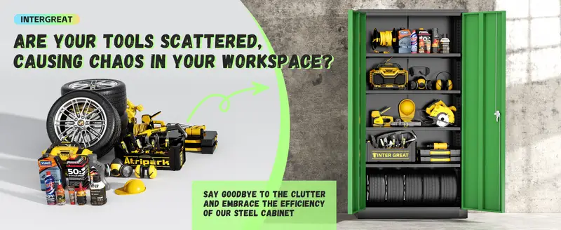 Gabinete de almacenamiento de metal, gabinete de almacenamiento con cerradura de 72 con y 4 estantes ajustables, gabinete de herramientas de acero con cerradura para el hogar, , el almacén, (negro verde) detalles 2