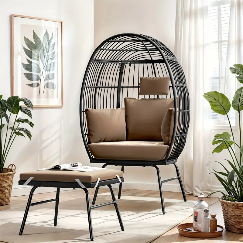 Silla Huevo para Exteriores Phabules con  , Silla de Canasta de Mimbre para Patio con Soporte y Cojín Marrón Silla   detalles 0