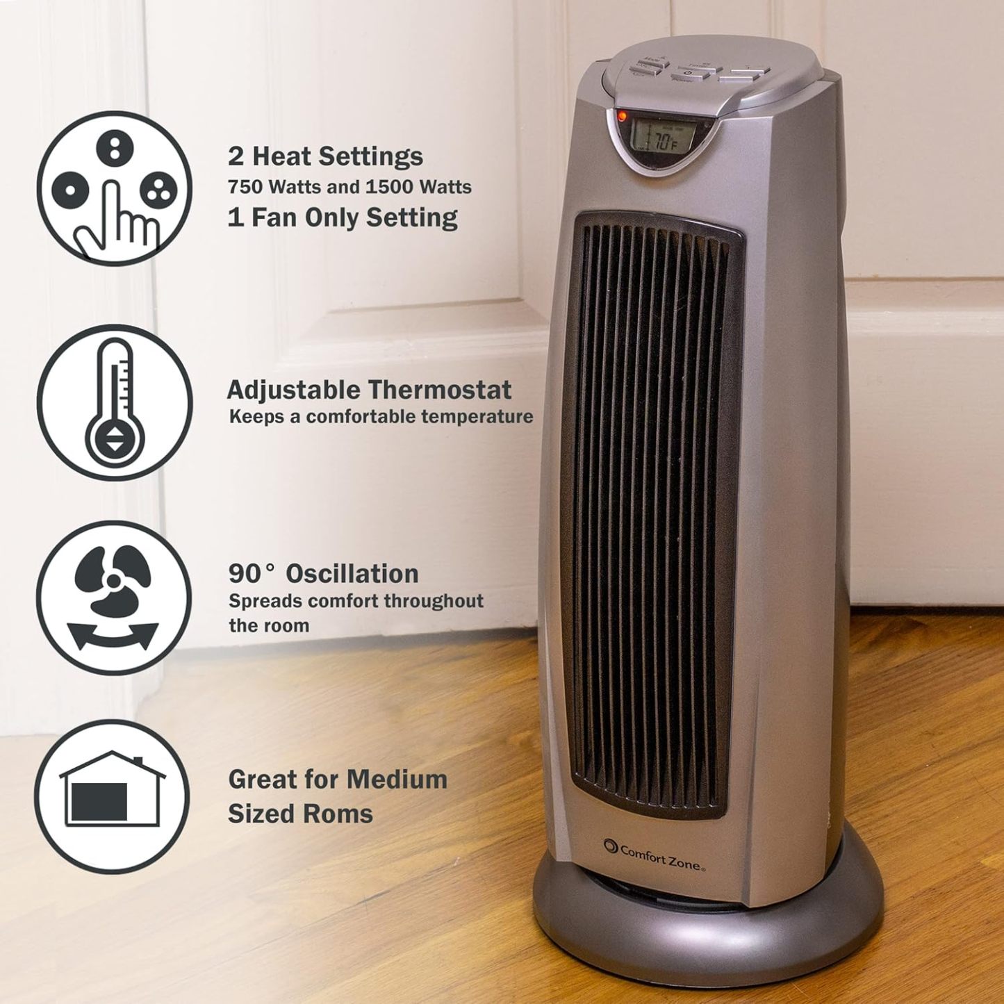 Comfort Zone CZ499R Calentador de torre de cerámica oscilante de 1500 W con control remoto, oscilación de 90 grados, termostato digital retroiluminado con visualización de temperatura, temporizador y sensor de sobrecalentamiento integrado
