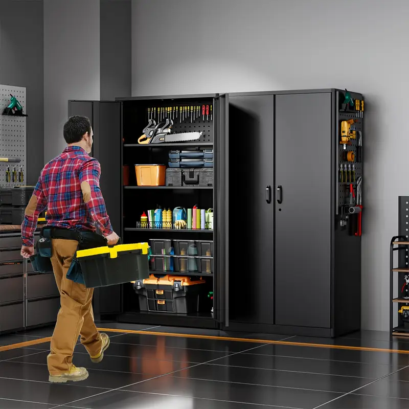 Armario de Almacenamiento de Acero   Resistencia para Garaje con Puertas con Cerradura y Portaherramientas Lateral - 71H x 31.5W x 11.8D, Estilo  , Organizador de Pie para Herramientas y Equipo, Ideal para   en Casa, Almacén, Sótano detalles 2