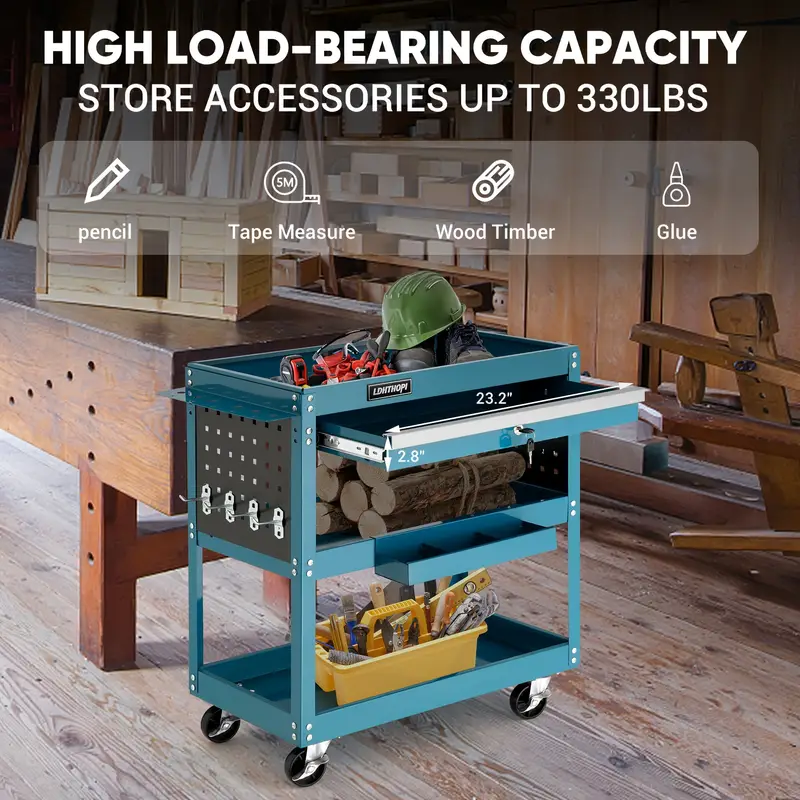 3 tier rolling tool cart 330 lbs capacity heavy duty utility cart industrial   tool cart tool organizer with wheels storage drawer design for garage warehouse   details 6